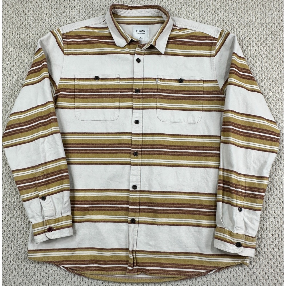 Katin Shirt Mens XL Biege Striped Sierra Flannel Long Sleeve Button Up Outdoor